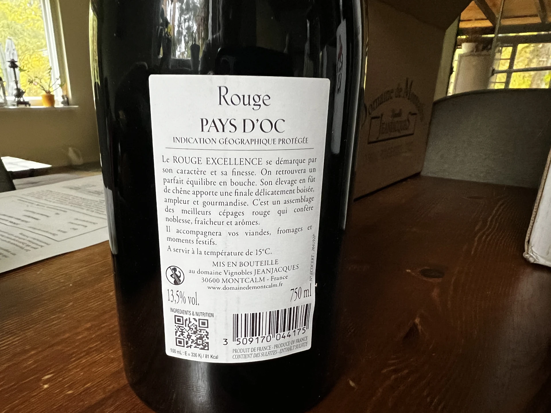 Rückenetikett Rouge Excellence Pays d’Oc vom Domaine Vignobles Jeanjacques in Montcalm.