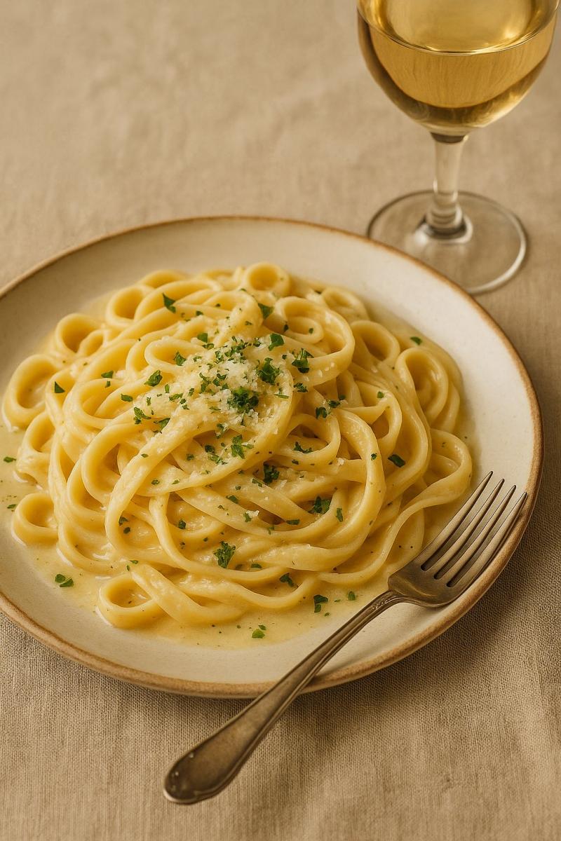 Un piatto di pasta semplice con vino bianco