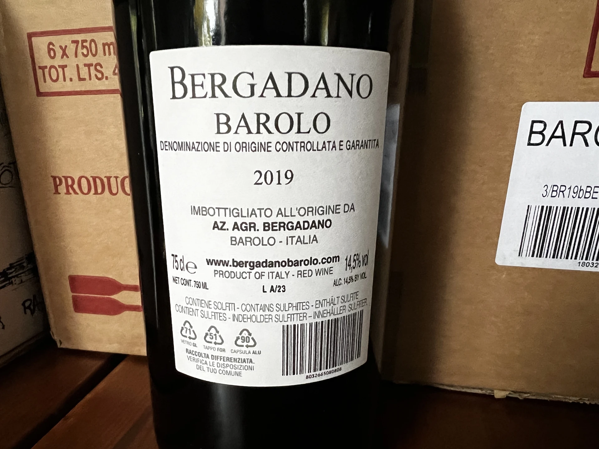 Rückenetikett Bergadano Barolo DOCG 2019 mit 14,5 % vol.