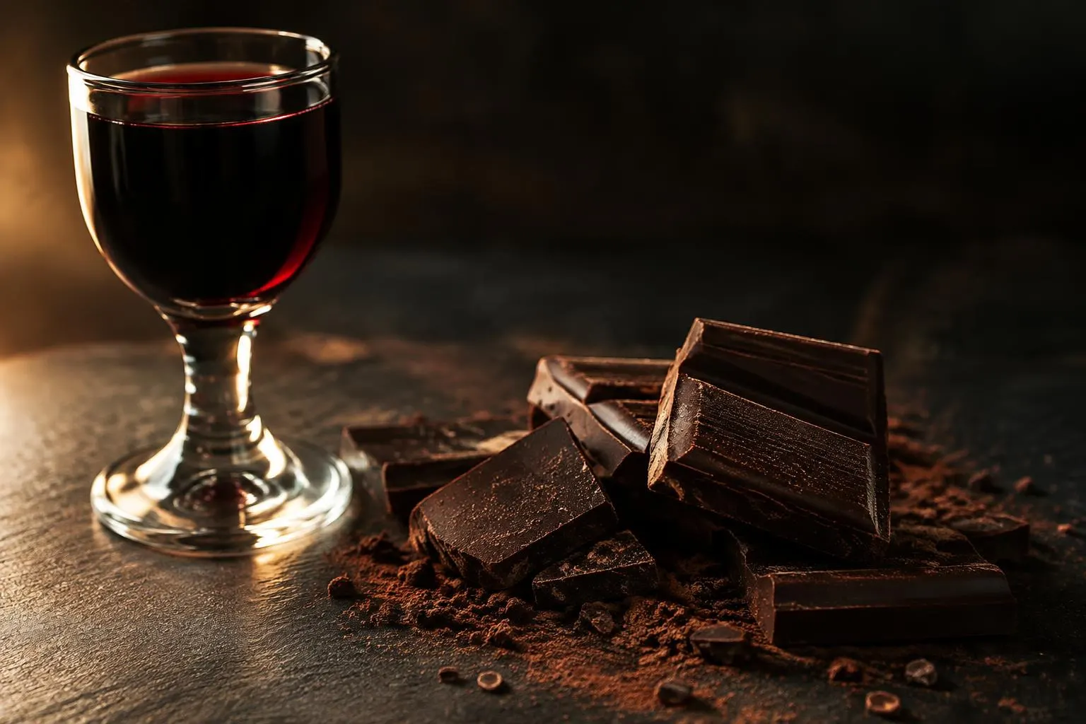 Stücke dunkler Schokolade mit Kakaopulver neben einem Glas dunklem Süßwein