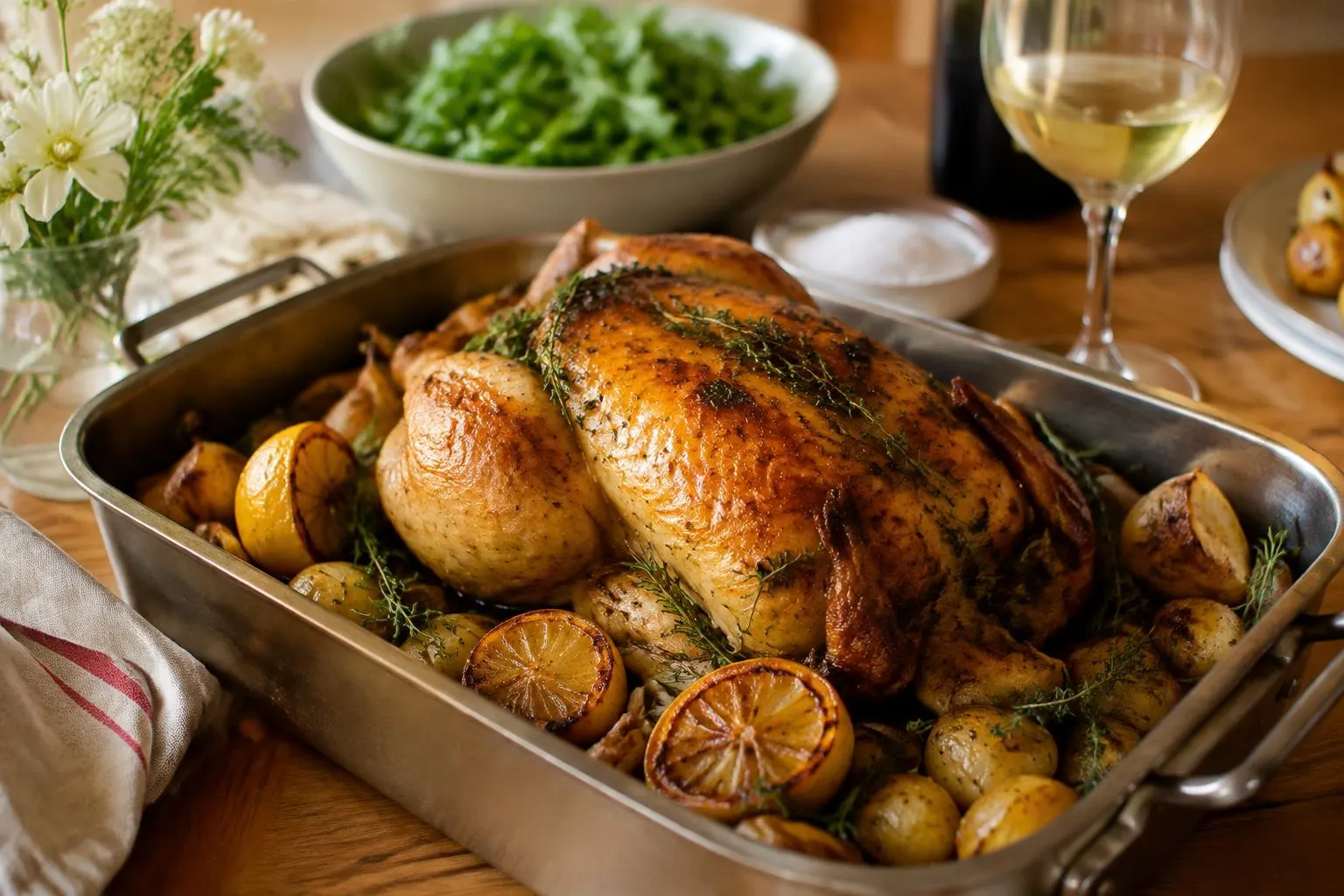 Goldbraunes Brathähnchen mit Kartoffeln und Zitrone im Bräter, daneben Weißwein