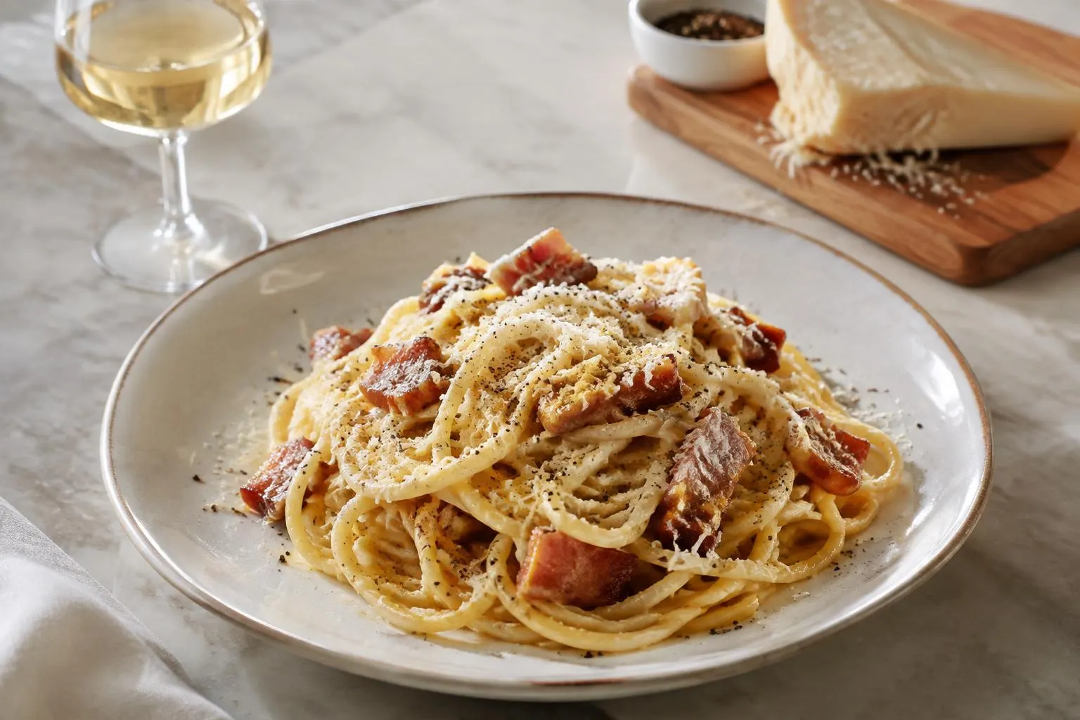 Spaghetti carbonara mit Guanciale, Pfeffer und Pecorino, daneben Weißwein