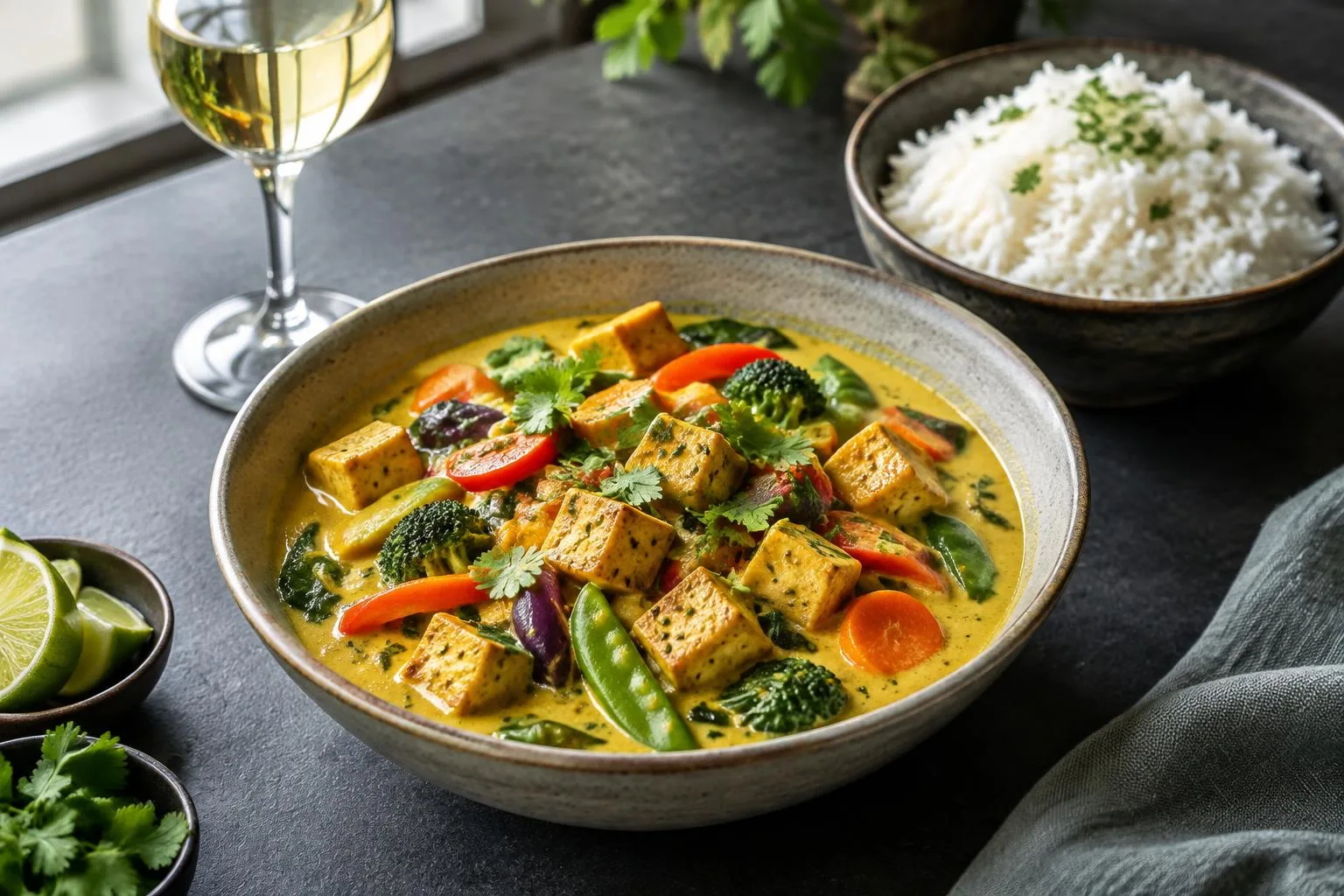Kokos-Gemüse-Curry mit Tofu, Reis und Weißwein