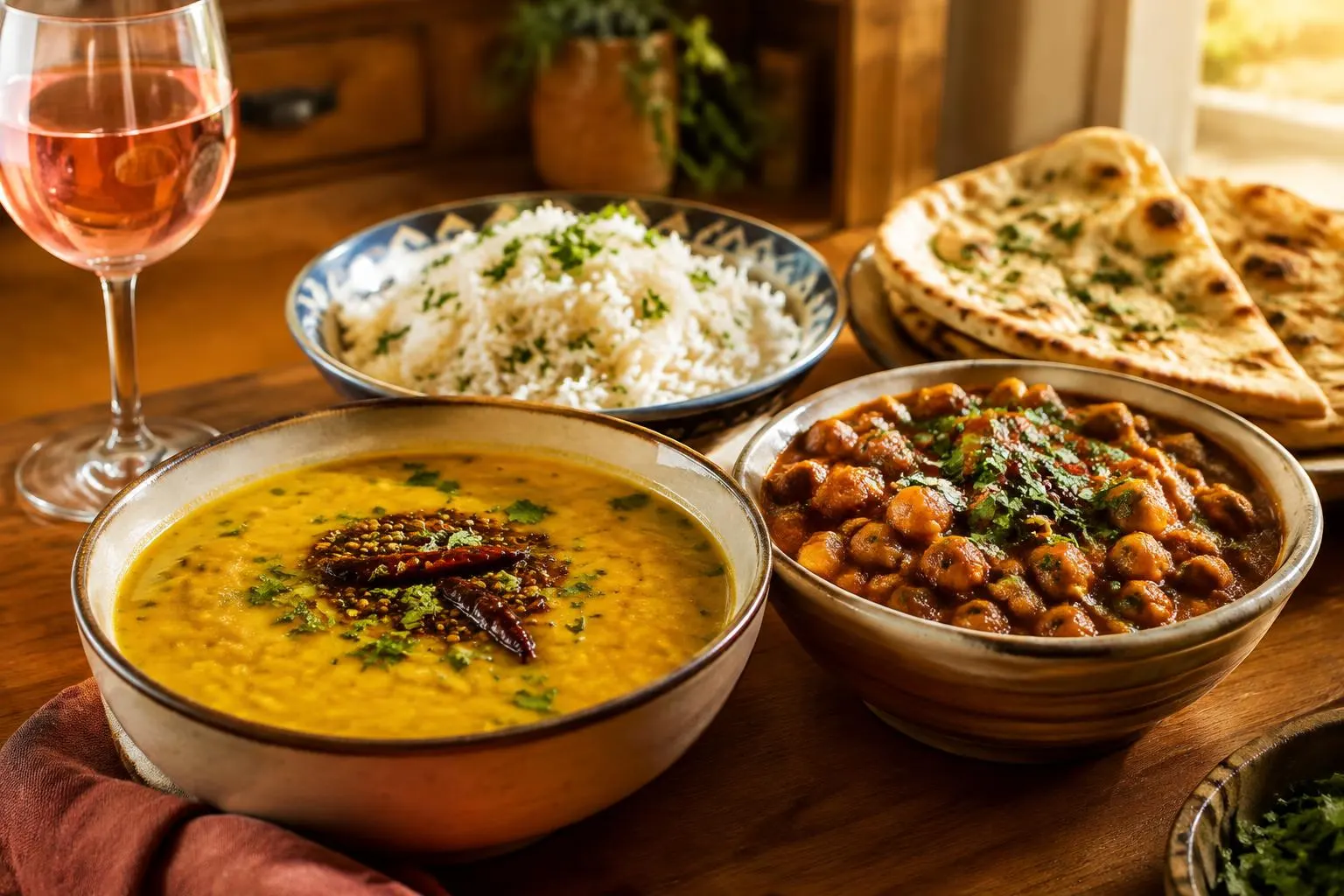 Dal und Chana Masala mit Reis und Naan, daneben ein Glas Rosé