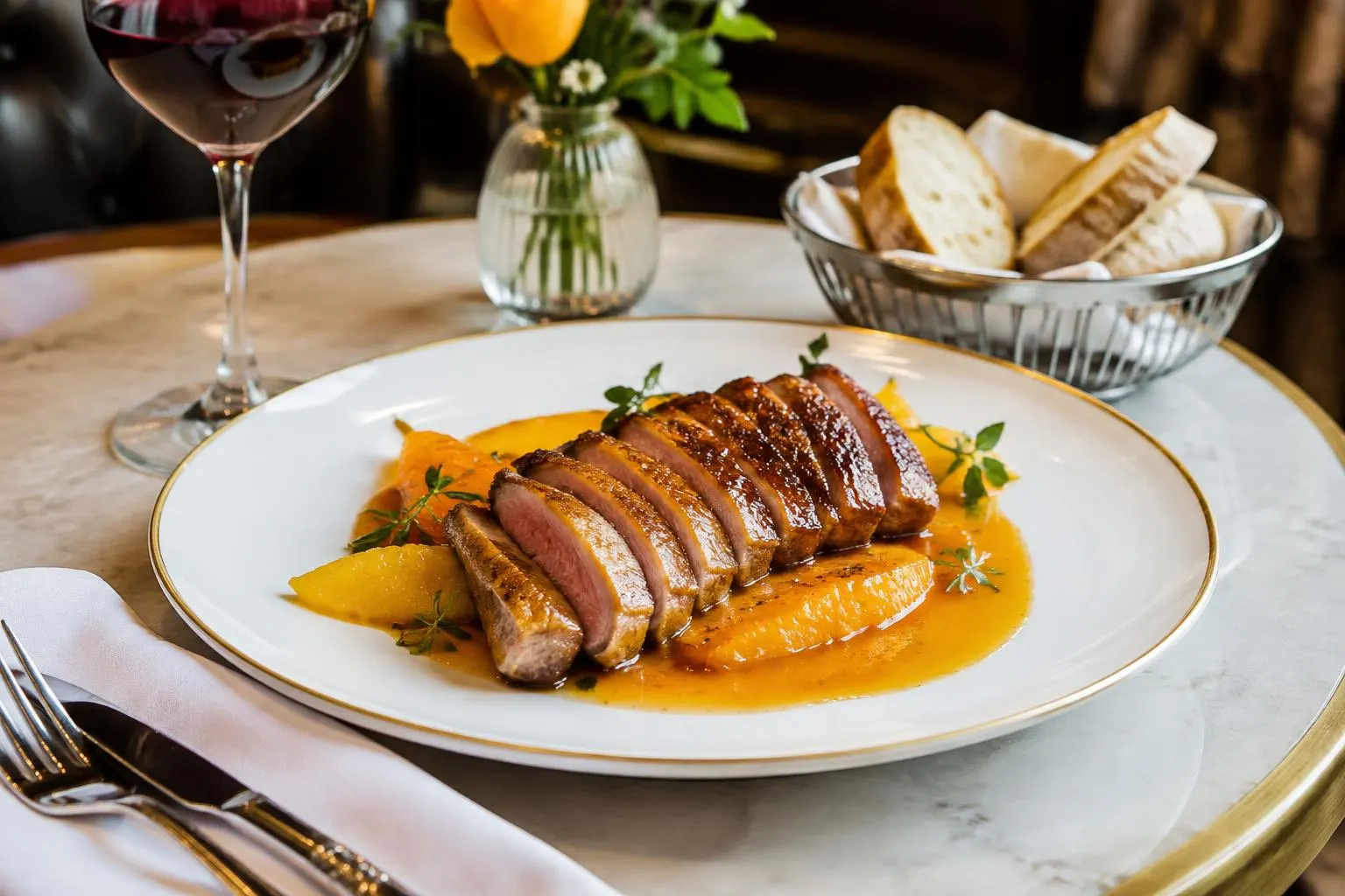 Aufgeschnittene Entenbrust mit Orangensauce auf einem Bistroteller und Rotwein