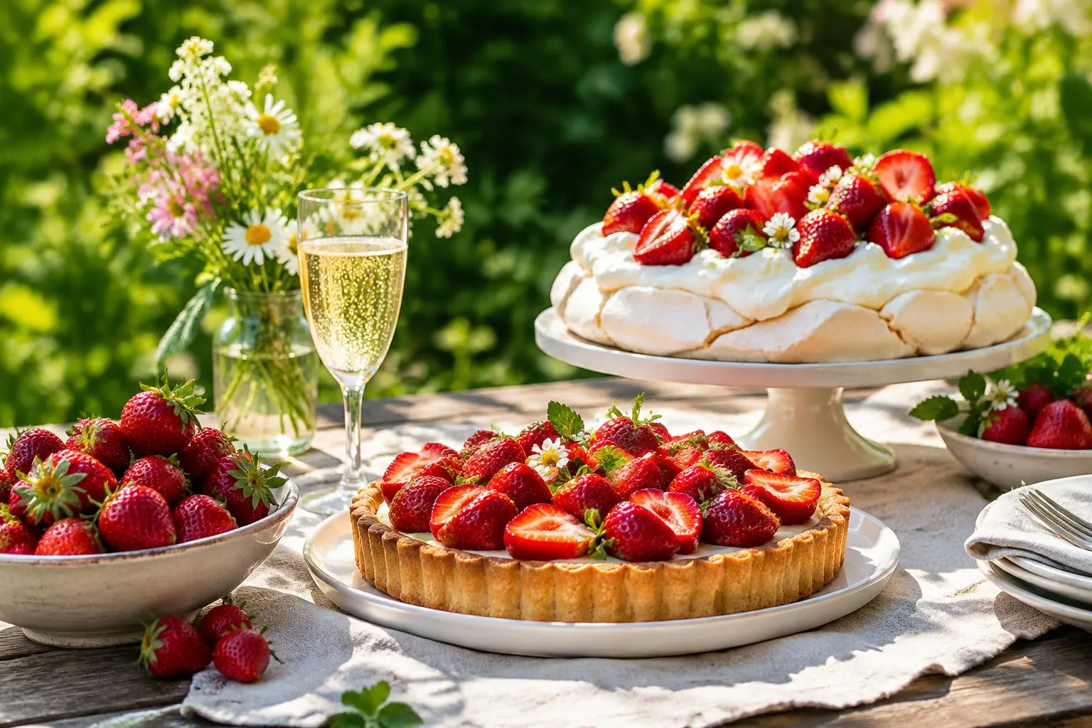 Erdbeertarte, Pavlova und frische Erdbeeren im Garten, daneben Schaumwein