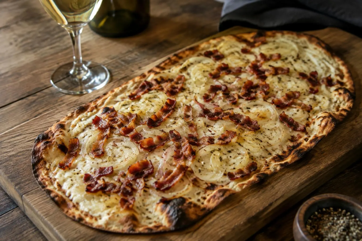 Flammkuchen mit Zwiebeln und Speck auf einem Holzbrett, daneben Weißwein