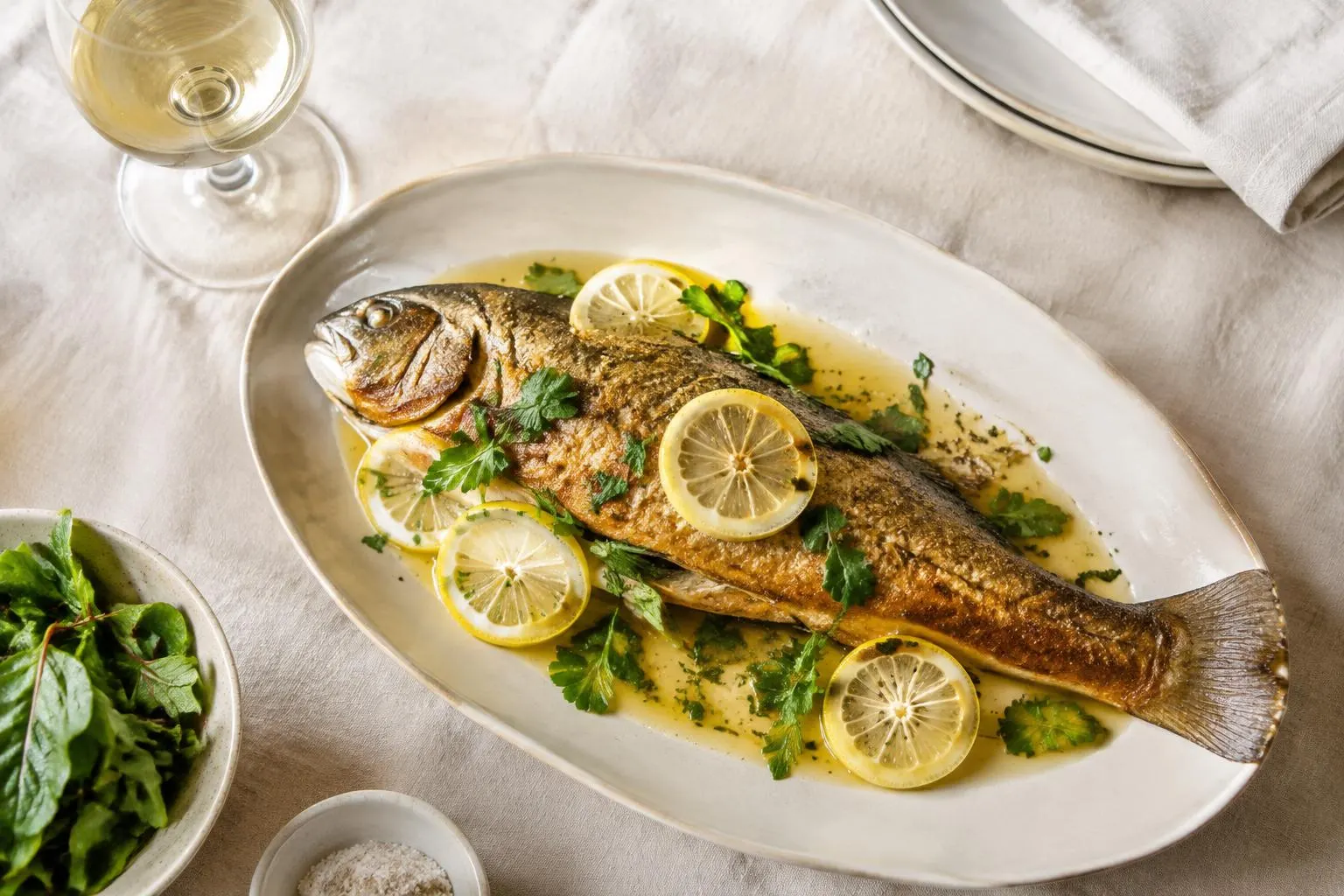 Gebratene Forelle mit Zitronenscheiben in Butter und ein Glas Weißwein