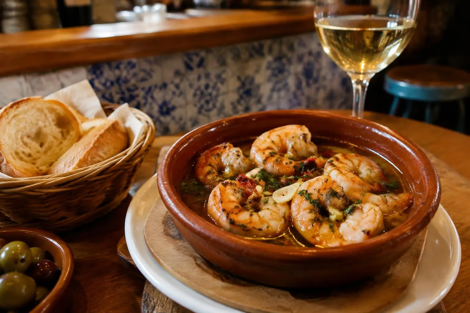 Gambas al ajillo in einer Tonschale mit Brot und einem Glas Weißwein