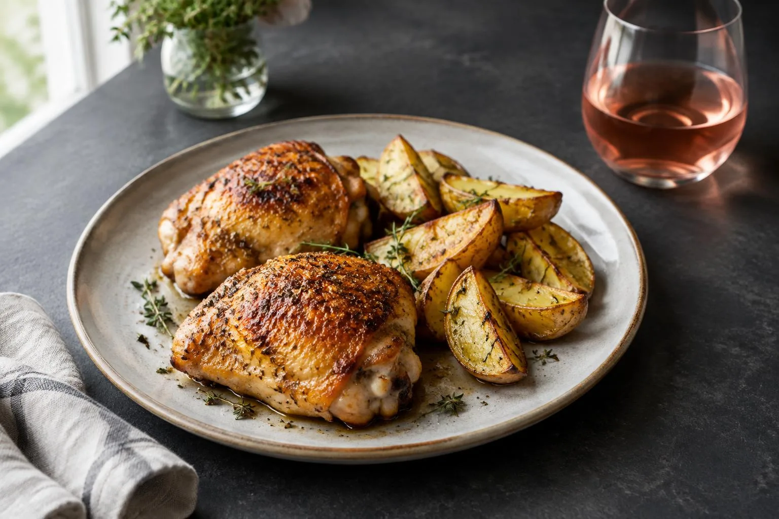 Knusprige Hähnchenschenkel mit Kartoffeln und Rosé