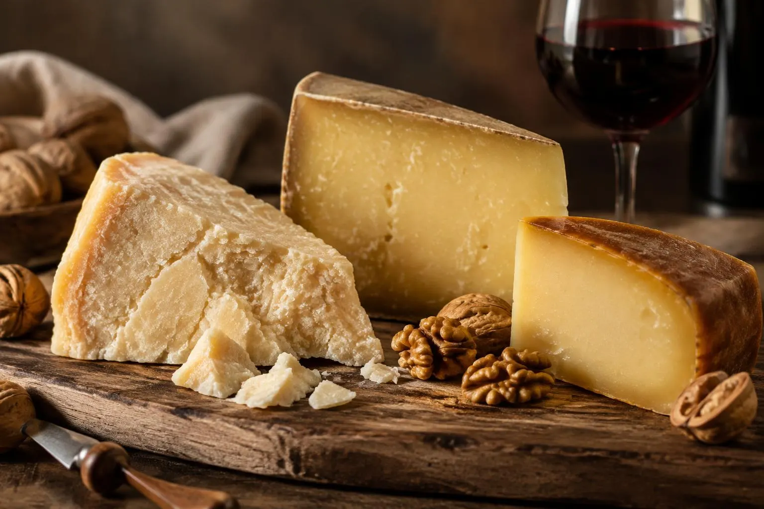 Drei gereifte Hartkäse mit Walnüssen auf einem Holzbrett und Rotwein