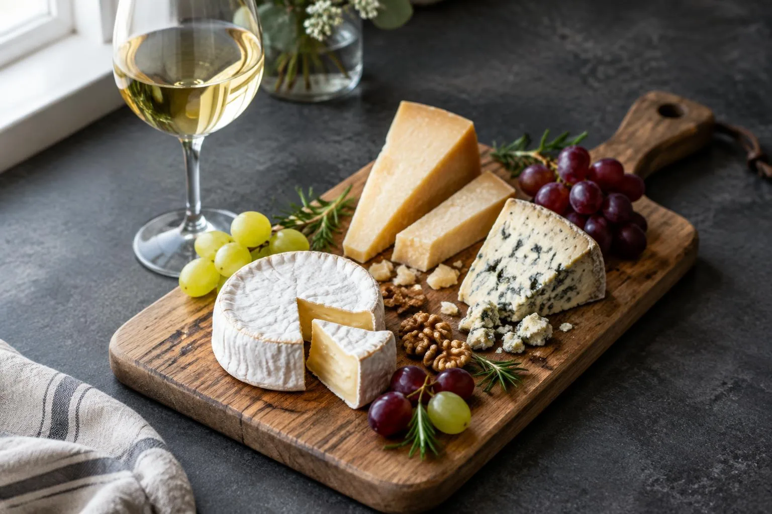 Käseplatte mit Brie, Hartkäse, Blauschimmelkäse und Wein