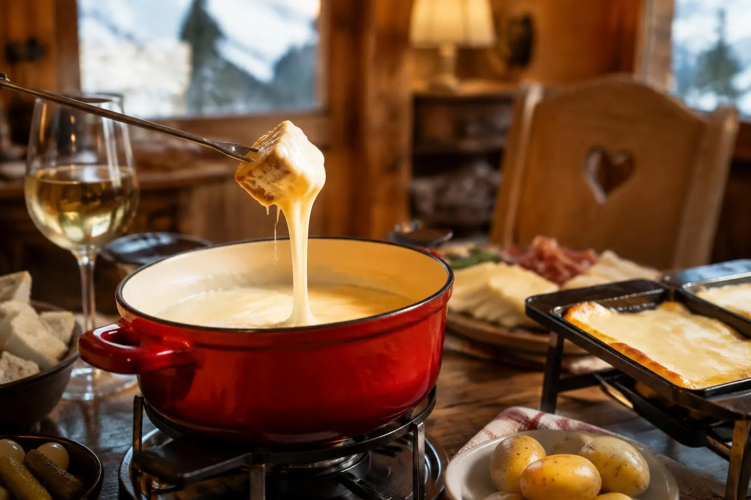 Käsefondue mit Brotwürfel an der Gabel und Raclette im Hintergrund, daneben Weißwein