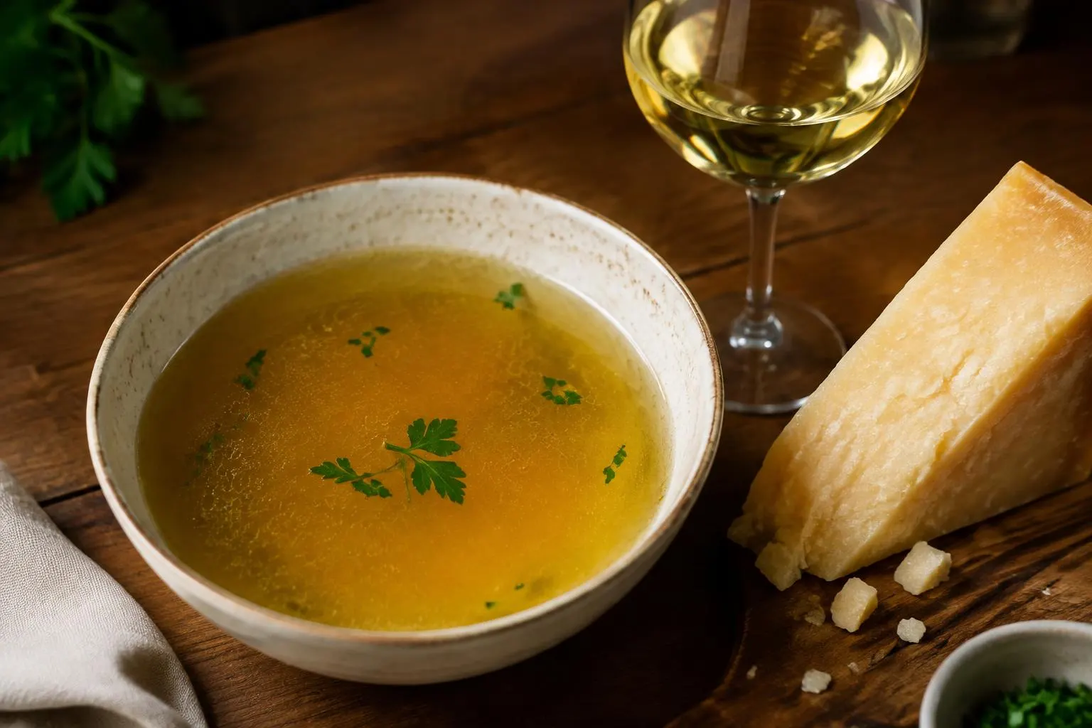 Klare goldene Brühe mit Petersilie neben einem Stück gereiftem Hartkäse und Weißwein