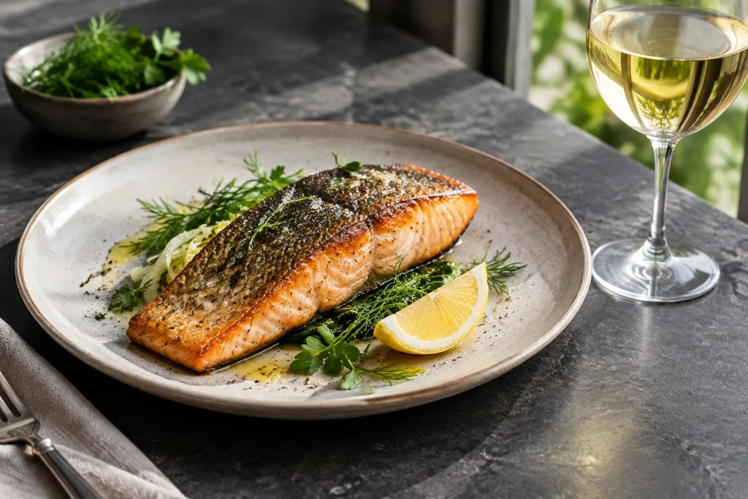 Lachs mit knuspriger Haut, Zitrone und Weißwein