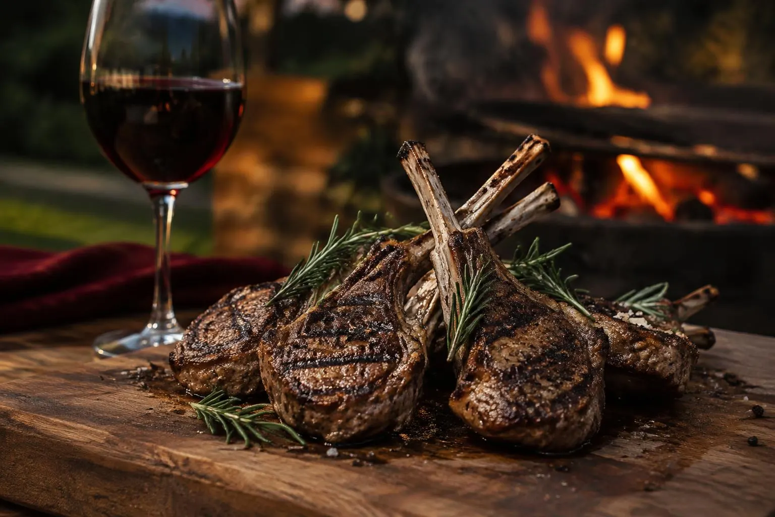 Gegrillte Lammkoteletts mit Rosmarin vor offenem Feuer, daneben Rotwein