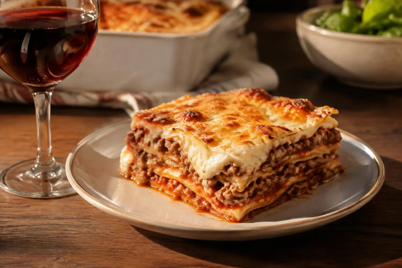 Stück Lasagne Bolognese mit gebräunter Béchamel und ein Glas Rotwein