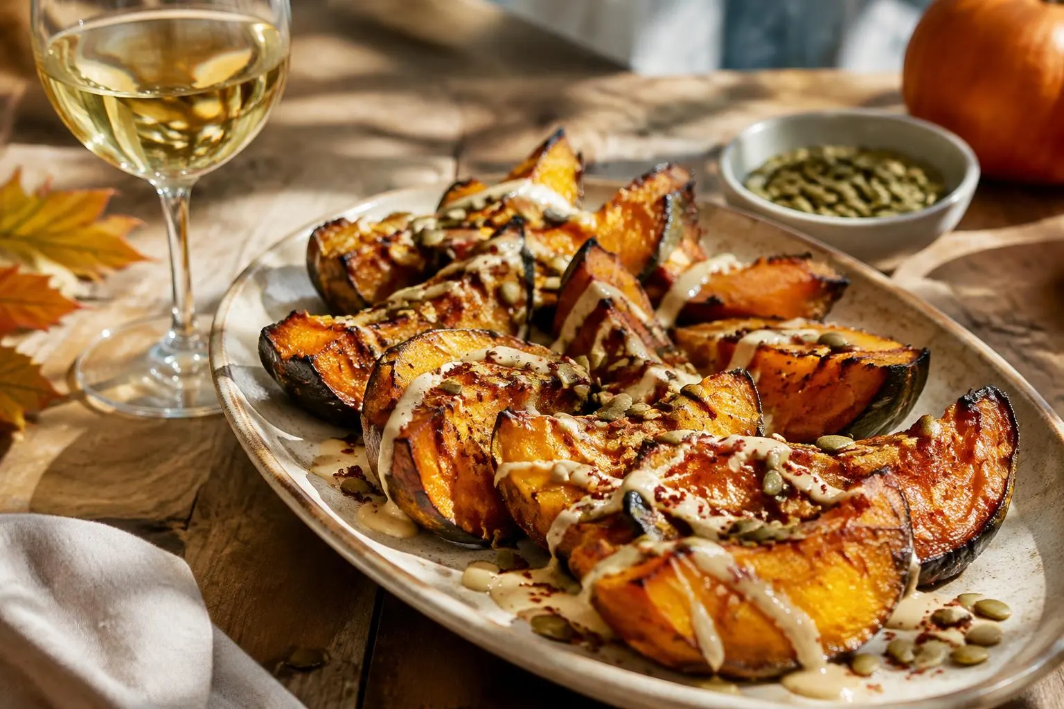 Ofenkürbisspalten mit Tahini, Chili und Kürbiskernen, daneben Weißwein