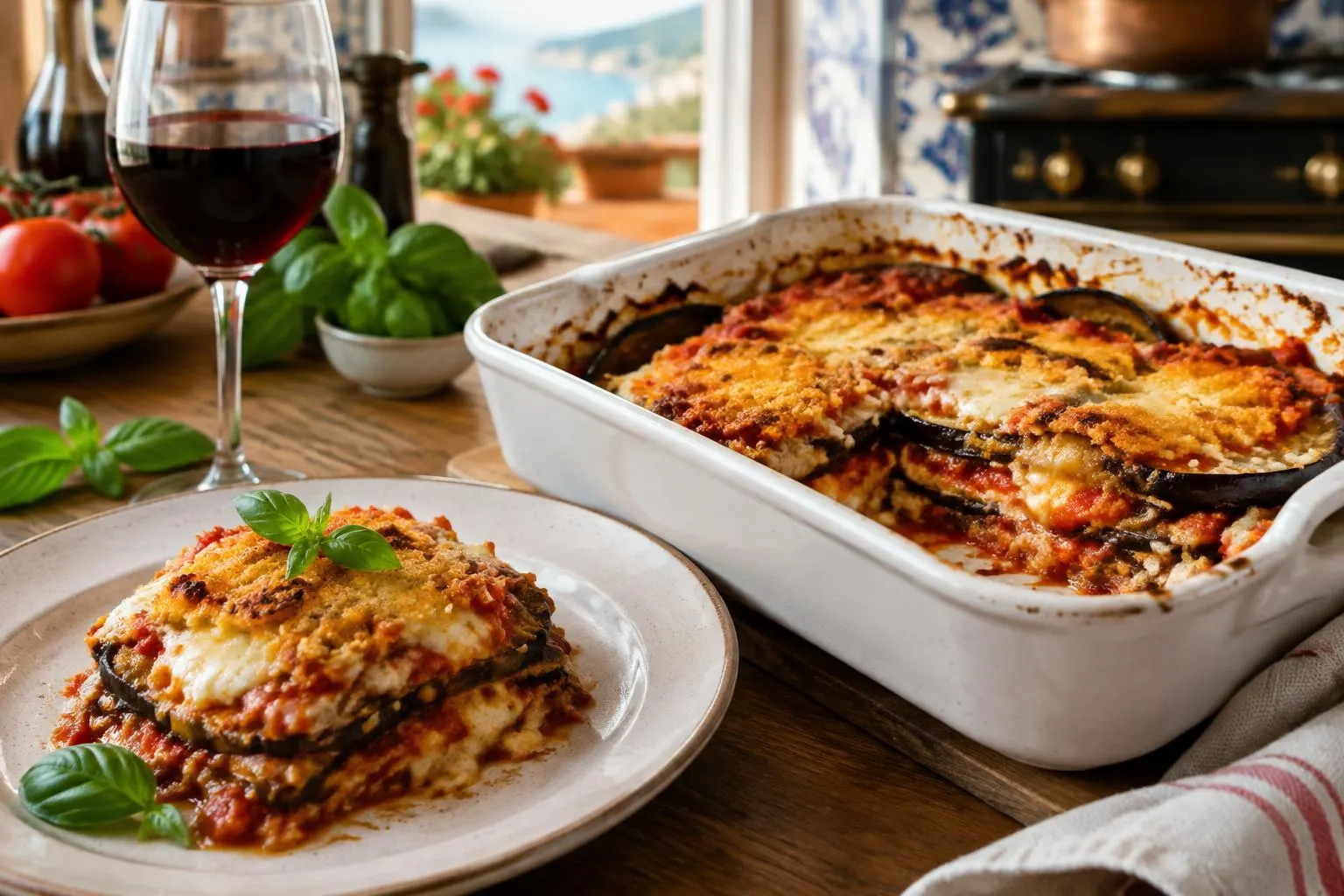 Parmigiana di Melanzane in der Auflaufform und auf dem Teller, daneben Rotwein