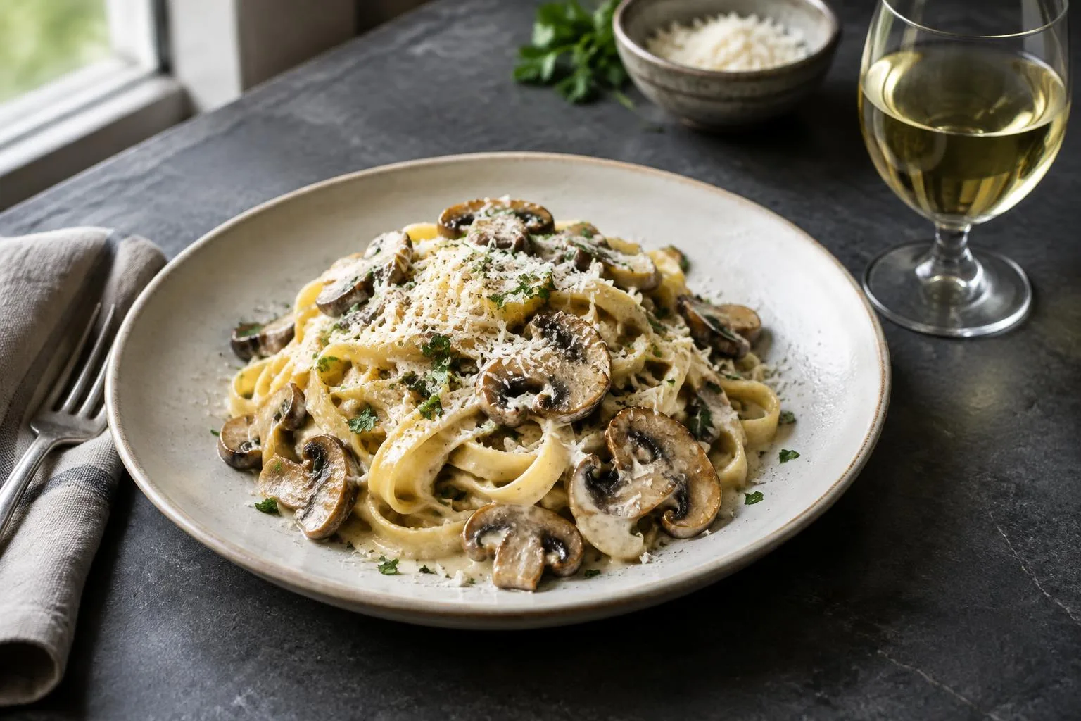 Tagliatelle mit Pilzen, Sahnesauce und Weißwein