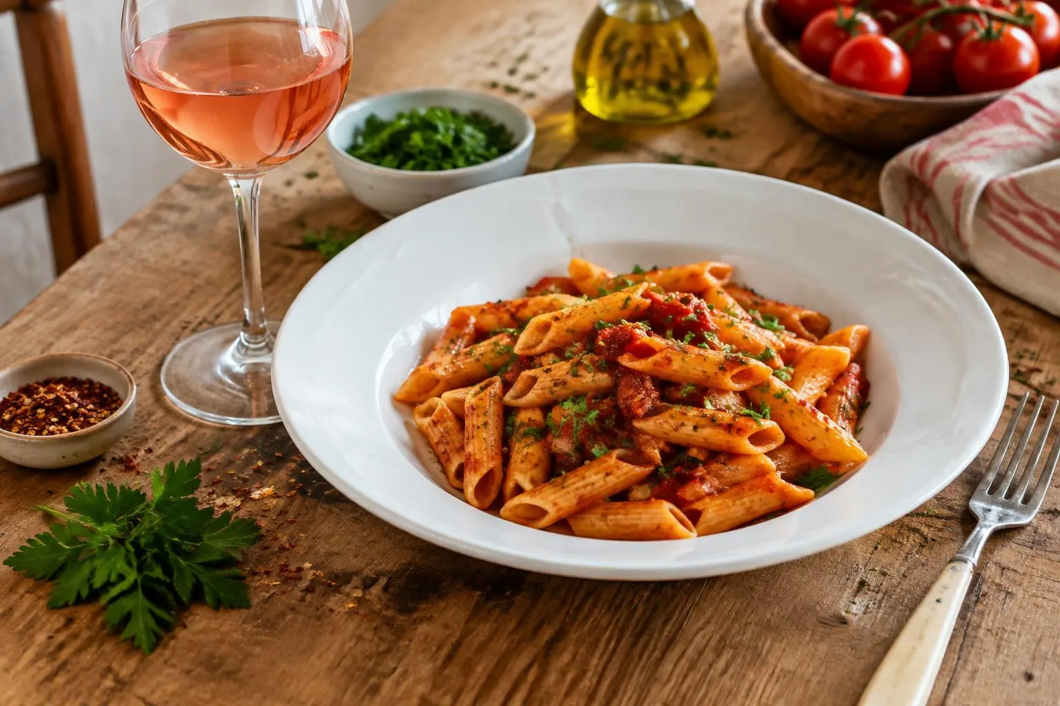 Penne all’arrabbiata mit Chiliflocken und Petersilie, daneben Rosé