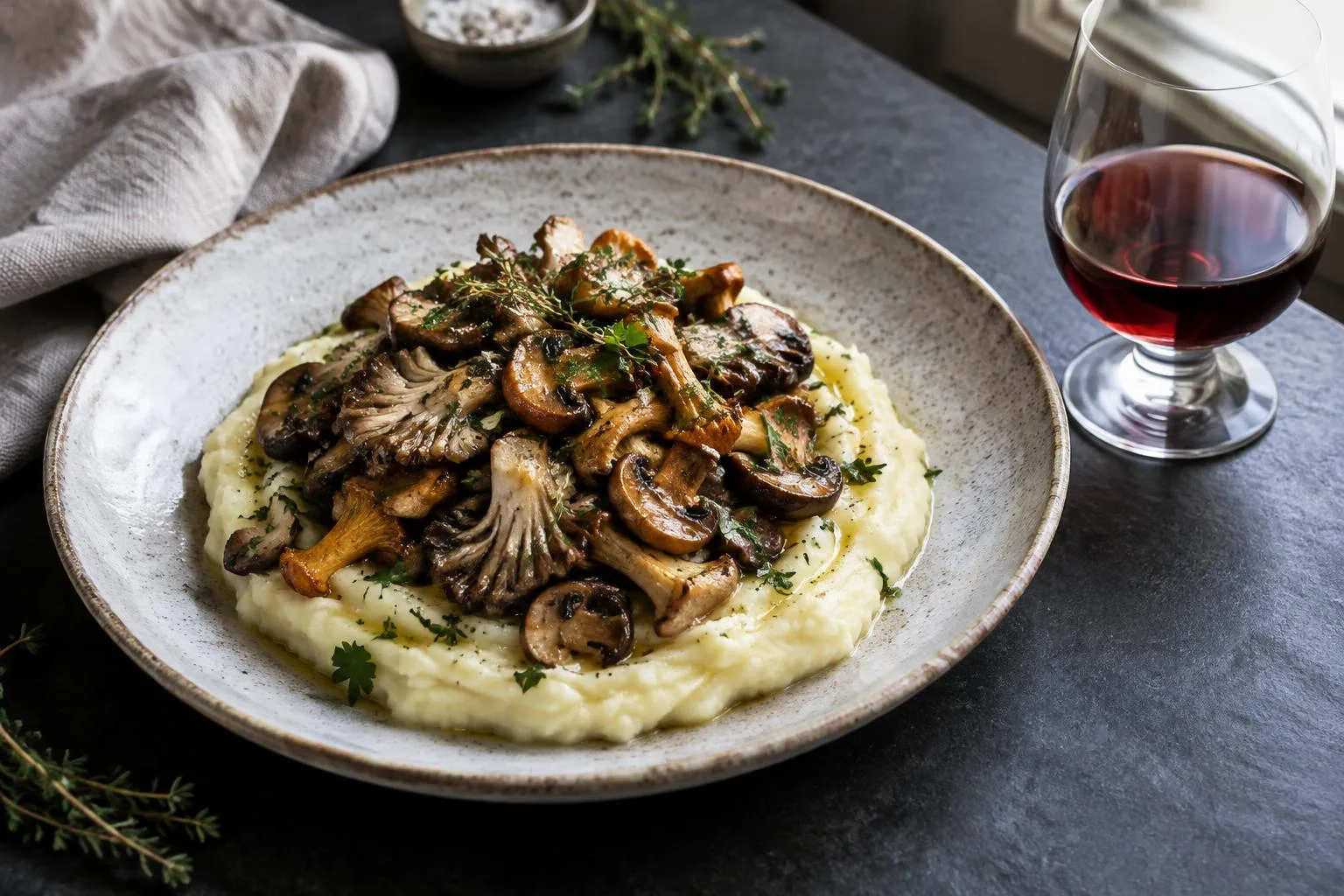 Gebratene Pilze auf Kartoffelstampf mit Rotwein
