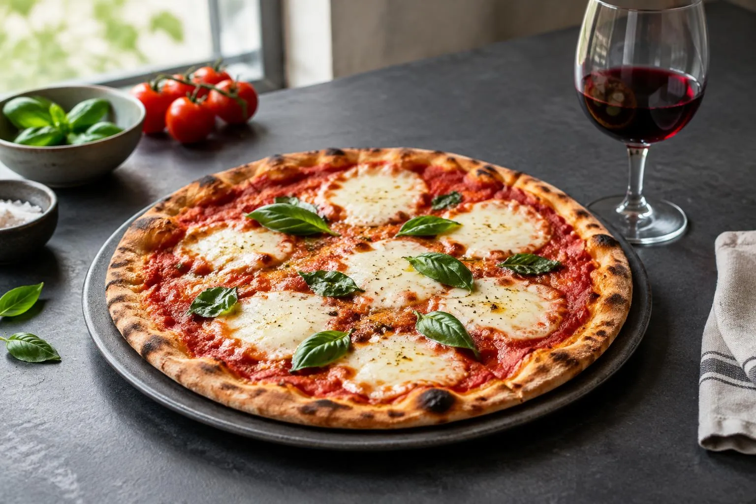 Pizza Margherita mit Basilikum und Rotwein