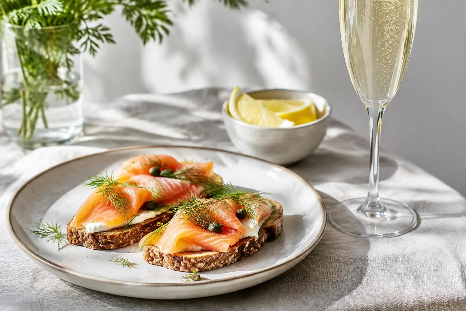 Räucherlachs mit Dill und Kapern auf Vollkornbrot, daneben Schaumwein