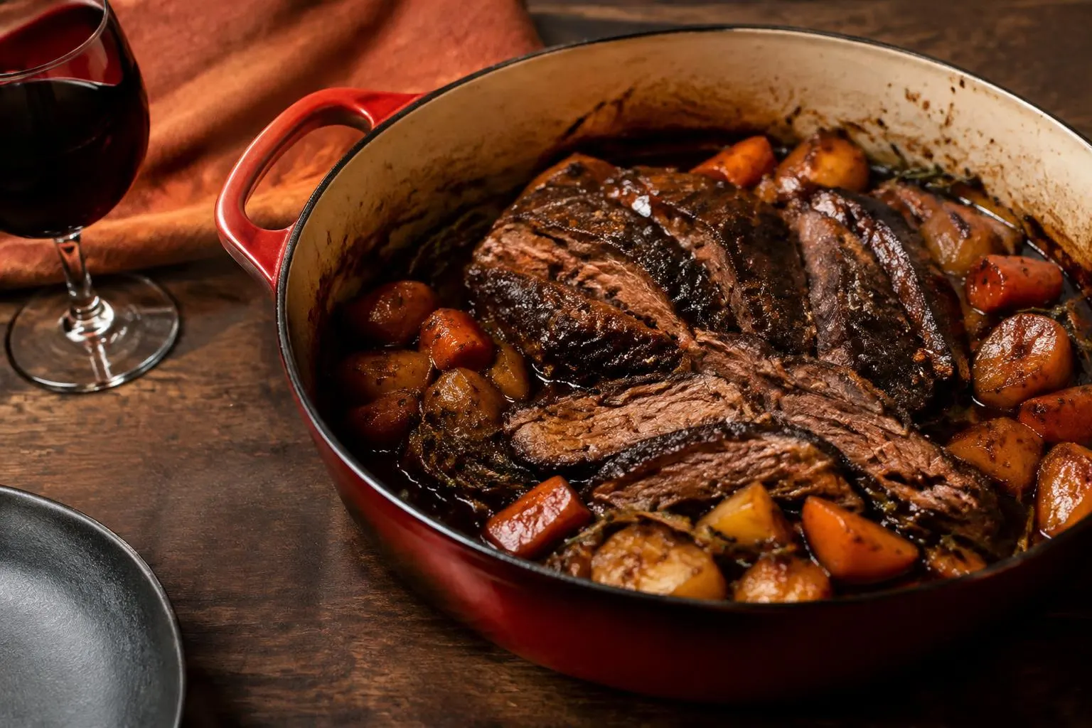 Geschmorter Rinderbraten mit Wurzelgemüse im Bräter und ein Glas Rotwein