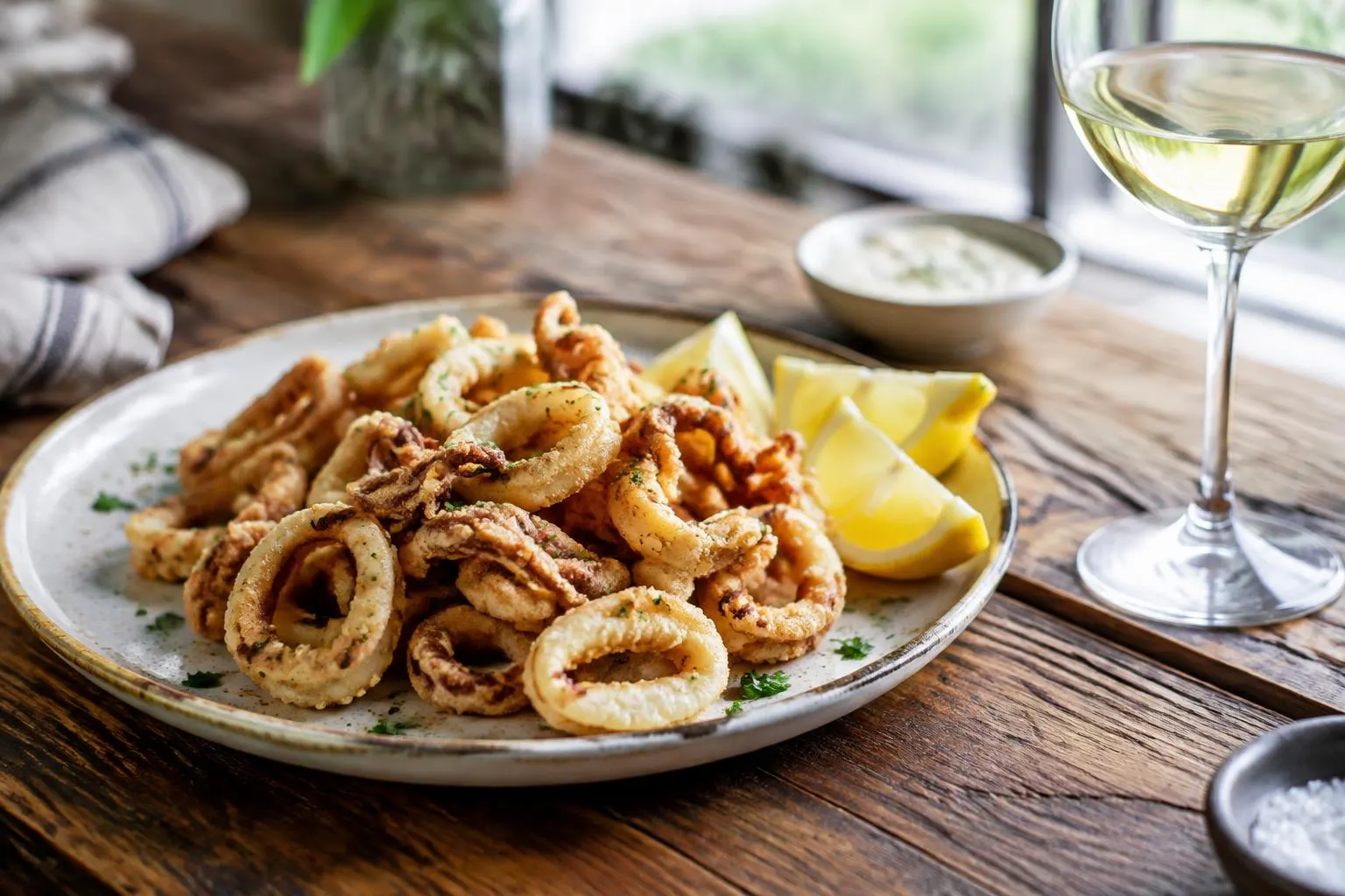 Frittierte Calamari mit Zitronenspalten und einem Glas Weißwein