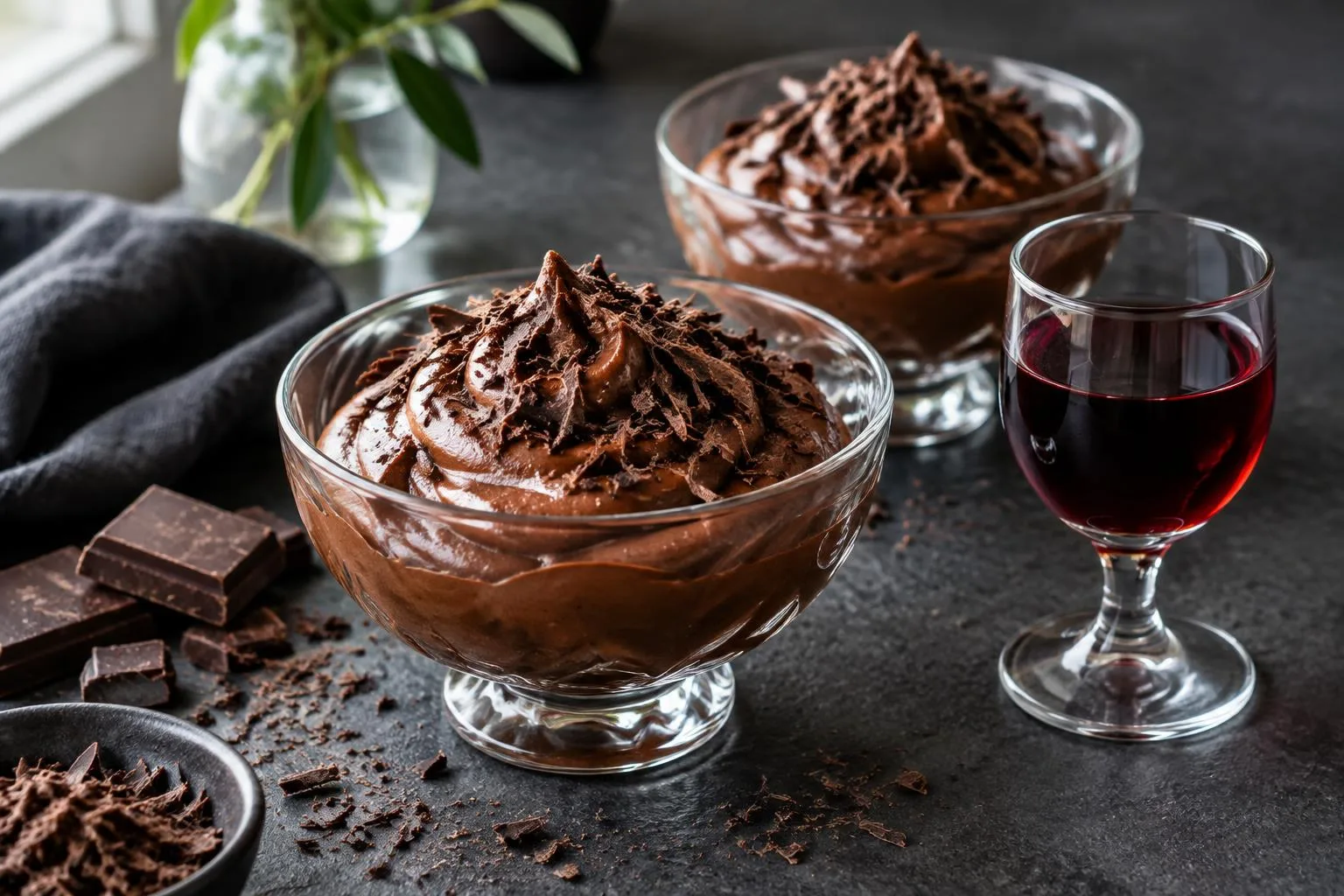 Schokoladencreme in Dessertgläsern mit rotem Portwein