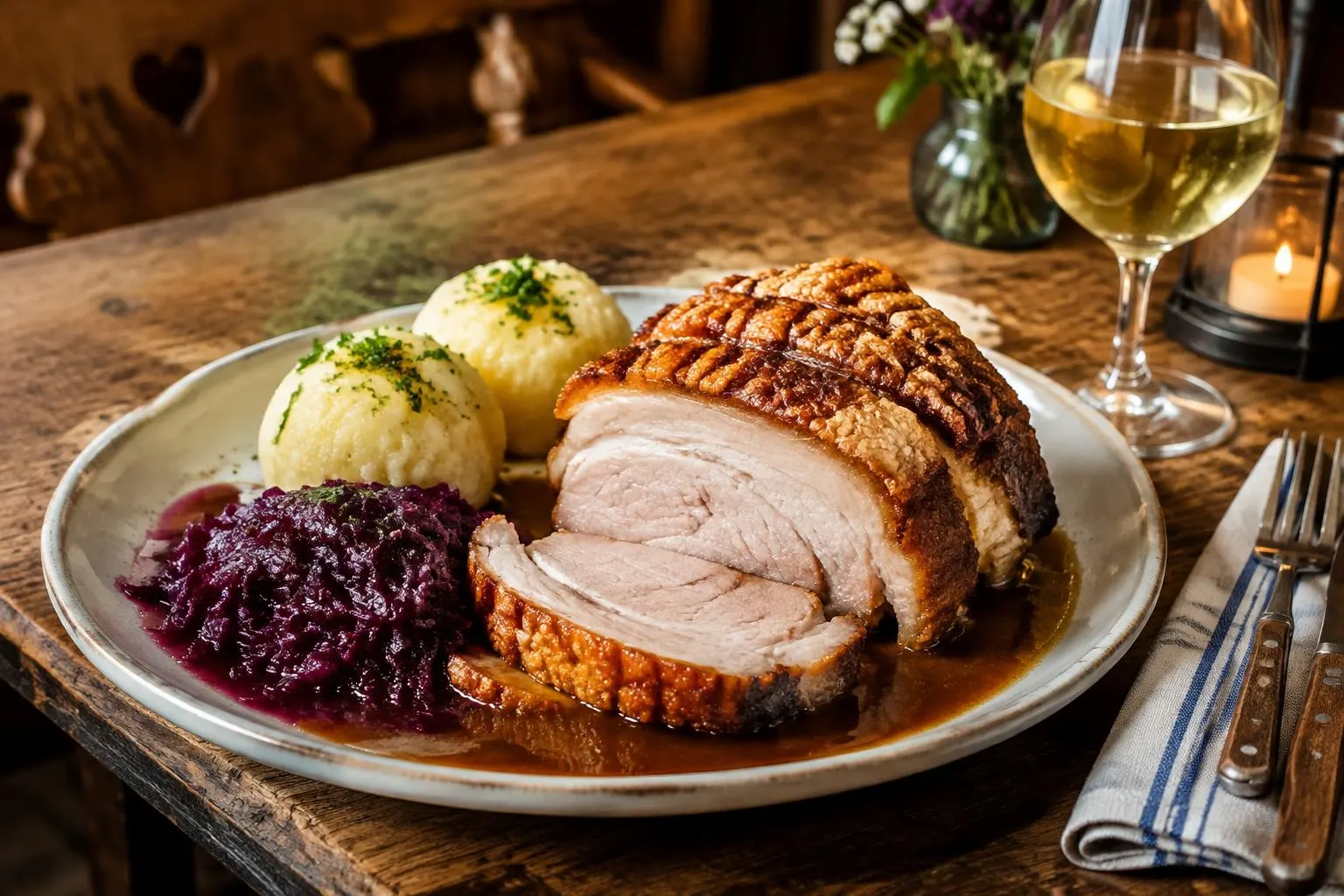 Schweinebraten mit Kruste, Knödeln und Rotkohl, daneben Weißwein