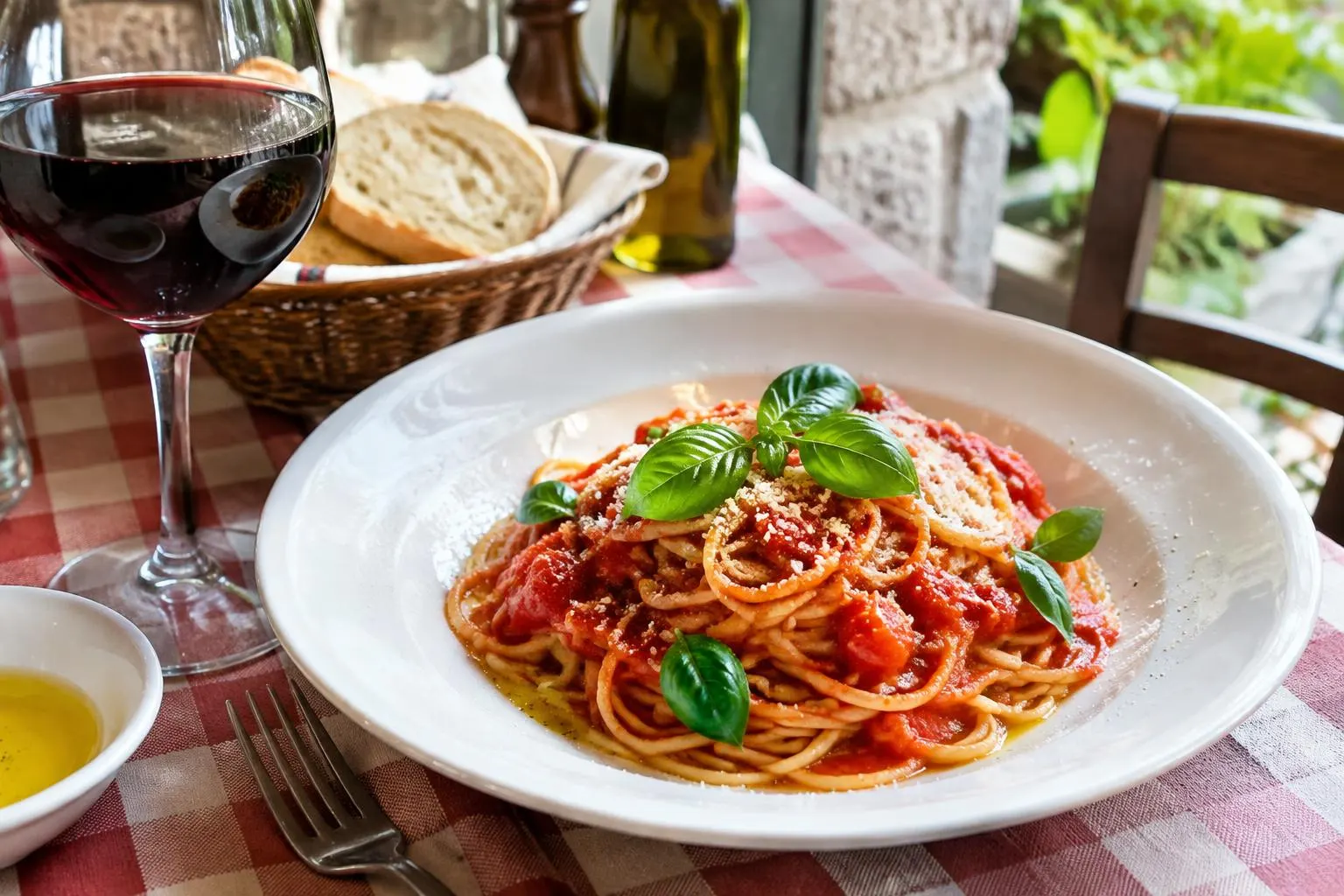 Spaghetti al pomodoro mit Basilikum auf karierter Tischdecke, daneben Rotwein
