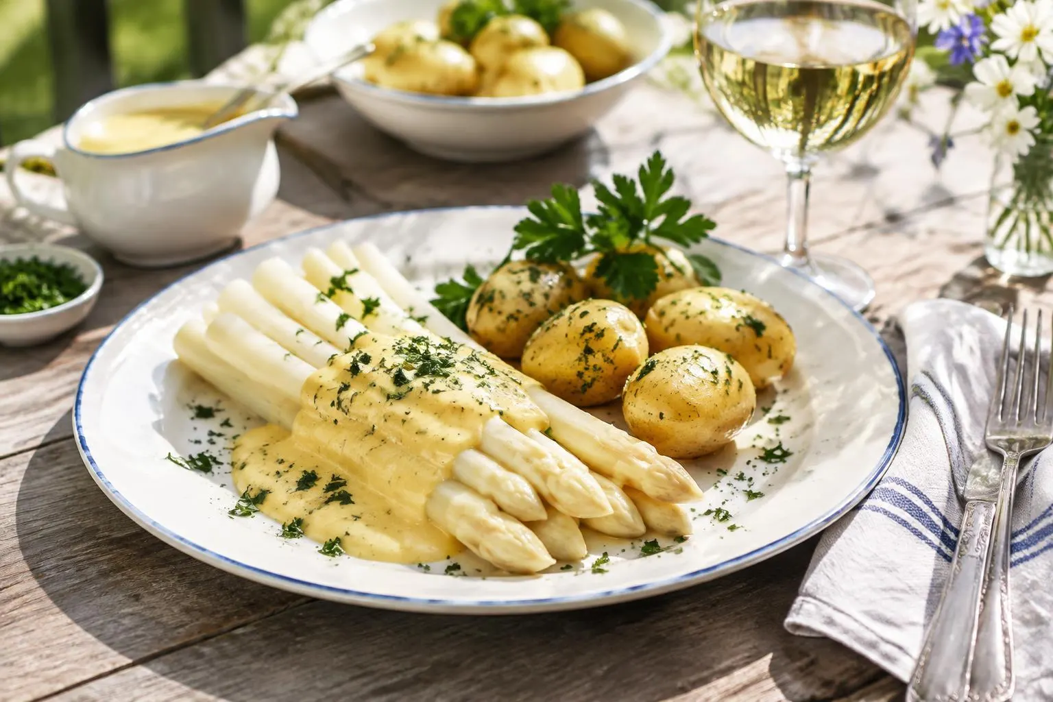 Weißer Spargel mit Hollandaise und Kartoffeln auf einem Gartentisch, daneben Weißwein