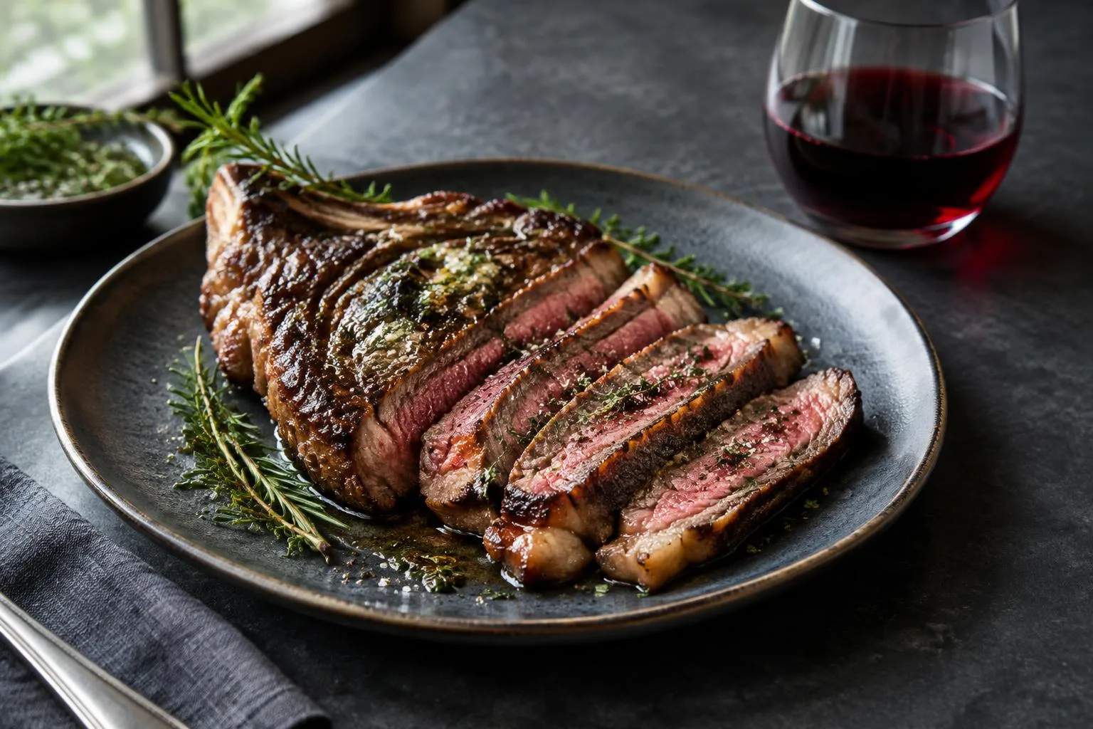 Aufgeschnittenes Ribeye-Steak mit Rotwein