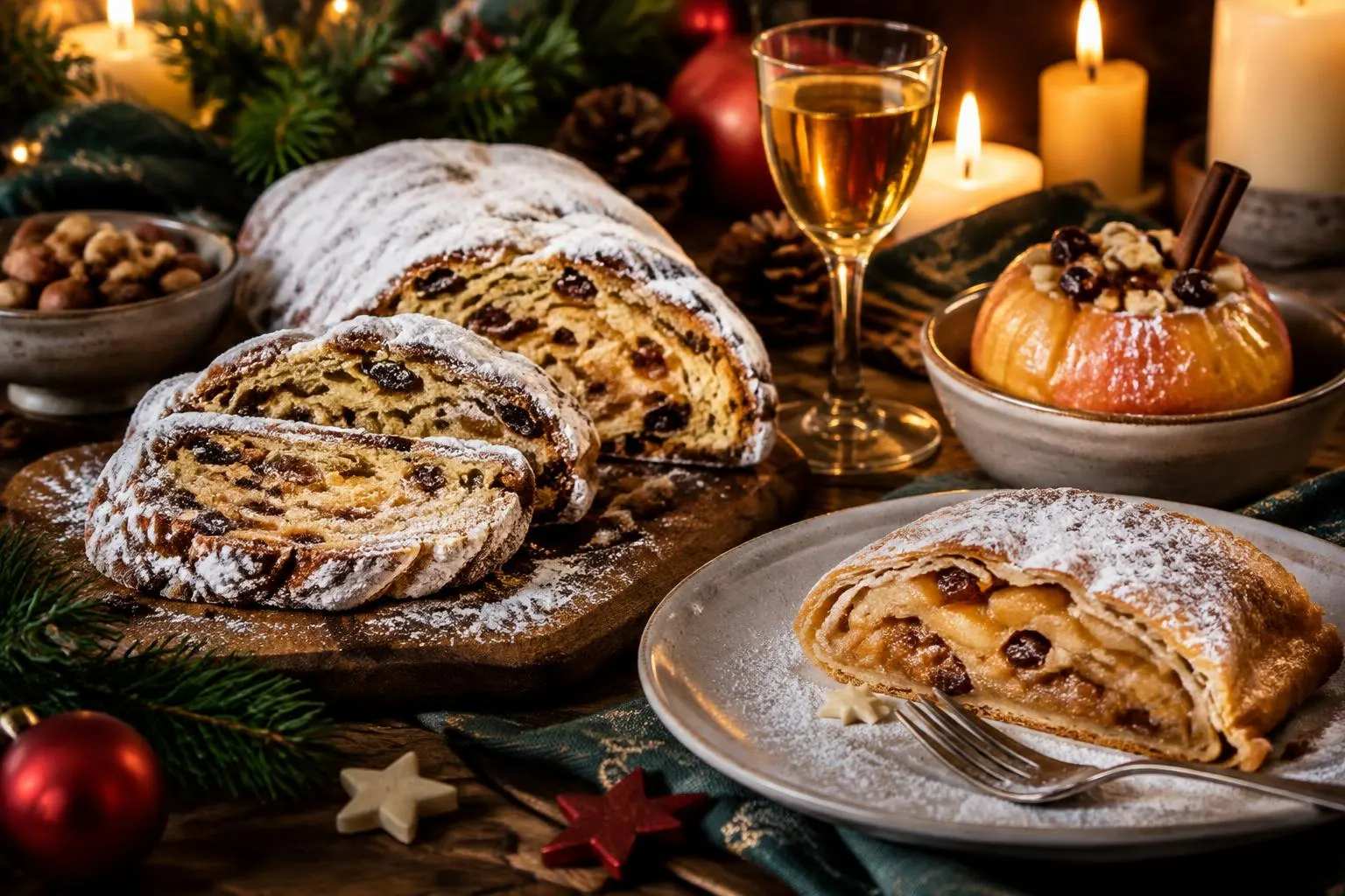 Christstollen, Apfelstrudel und Bratapfel bei Kerzenlicht, daneben goldener Süßwein