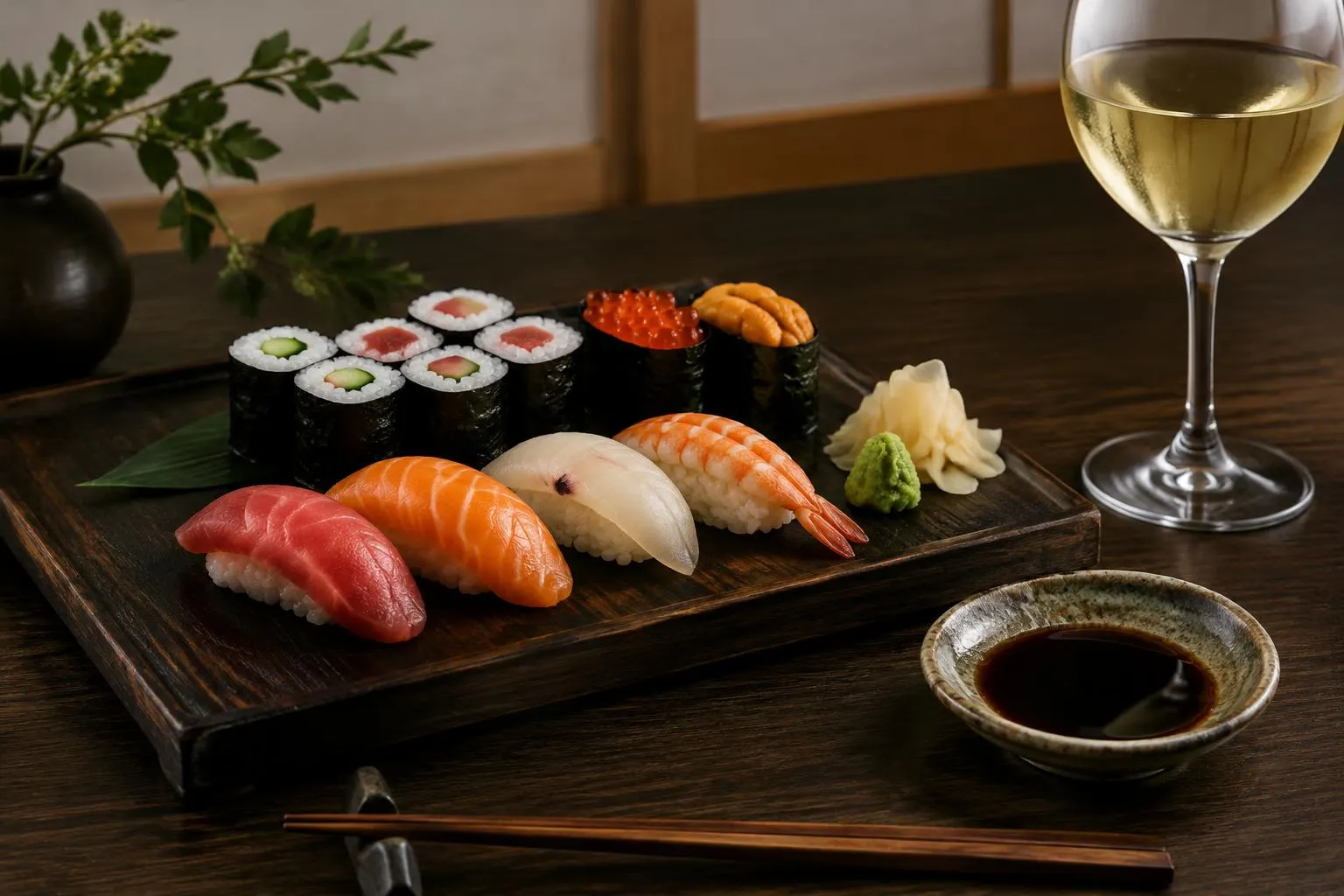 Nigiri und Maki auf einem Holzbrett mit Sojasauce, Wasabi und Weißwein