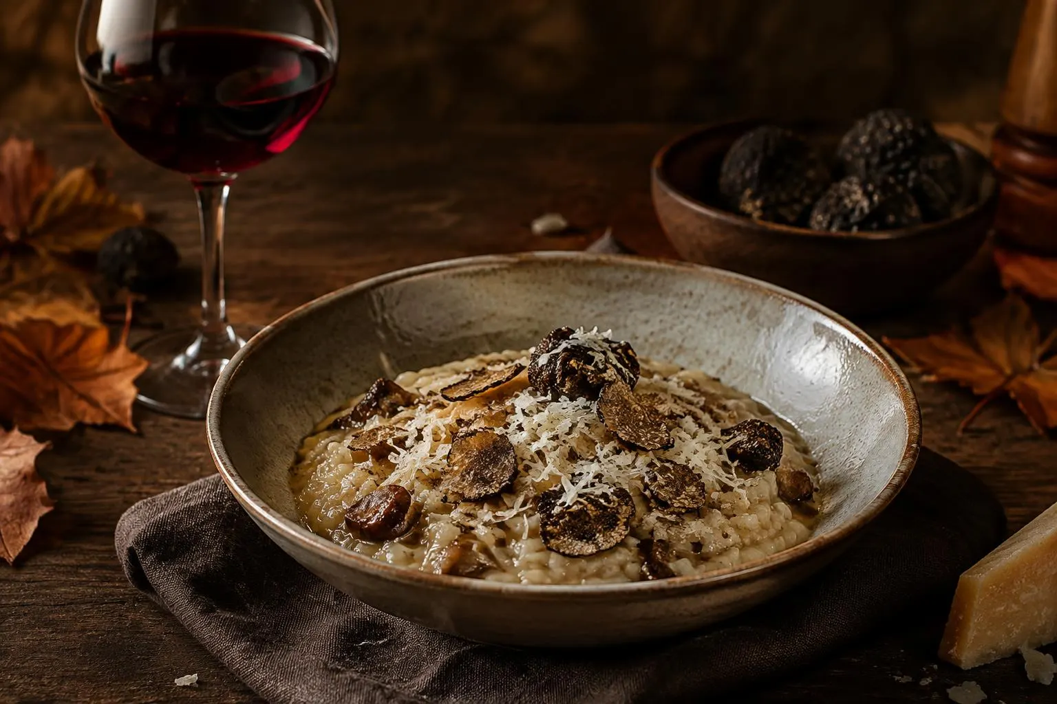 Risotto mit Trüffelscheiben und Parmesan im Herbstlicht, daneben Rotwein