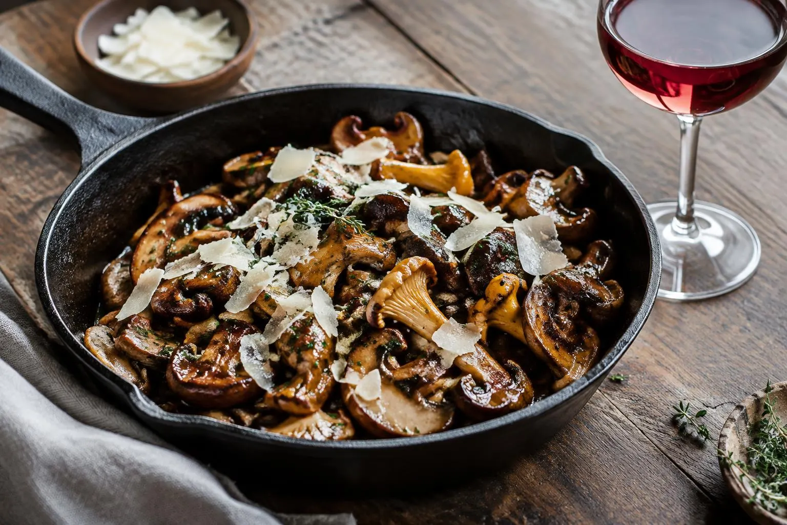 Gebratene Pilze mit Parmesanspänen in einer Eisenpfanne, daneben leichter Rotwein