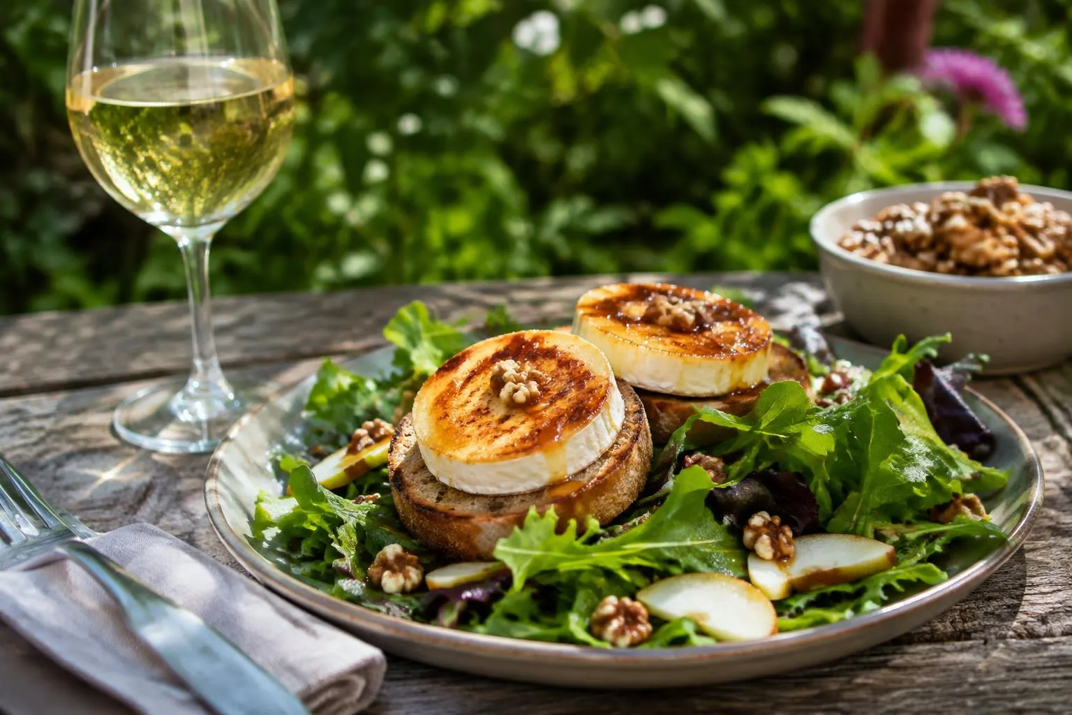 Salat mit warmem Ziegenkäse auf Röstbrot, Walnüssen und Birne, daneben Weißwein